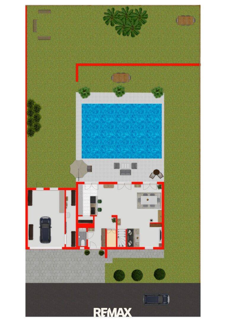 Grundriss des Erdgeschosses mit offenem Wohnbereich, Garage und großem Außenbereich mit Pool.