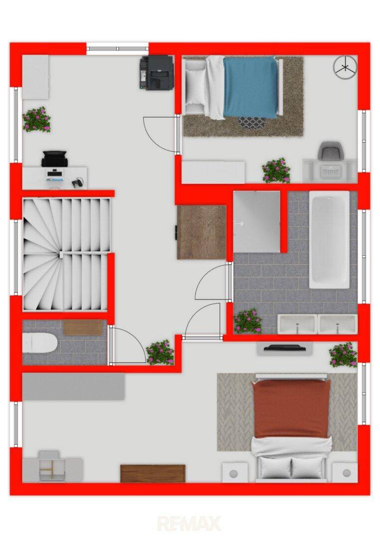 Grundriss des Obergeschosses mit zwei Schlafzimmern, Badezimmer mit Badewanne und separatem WC.