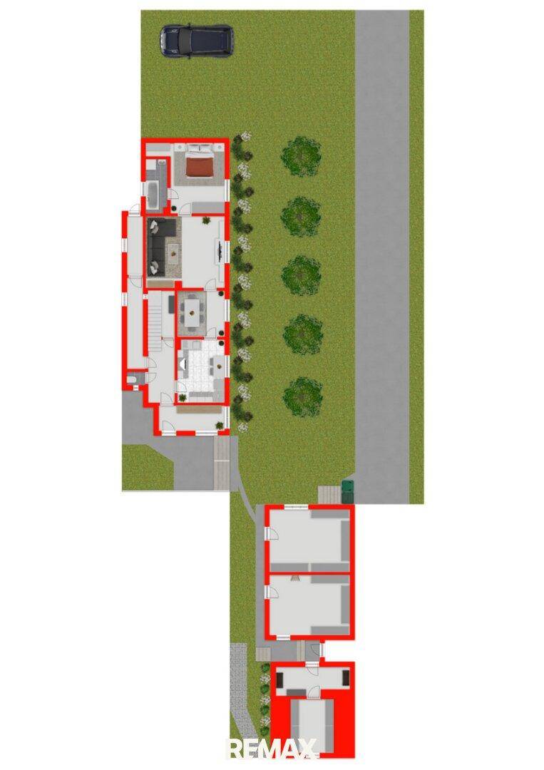 Detaillierter Grundrissplan eines Hauses mit mehreren Etagen, inklusive Garage und Gartenbereich.
