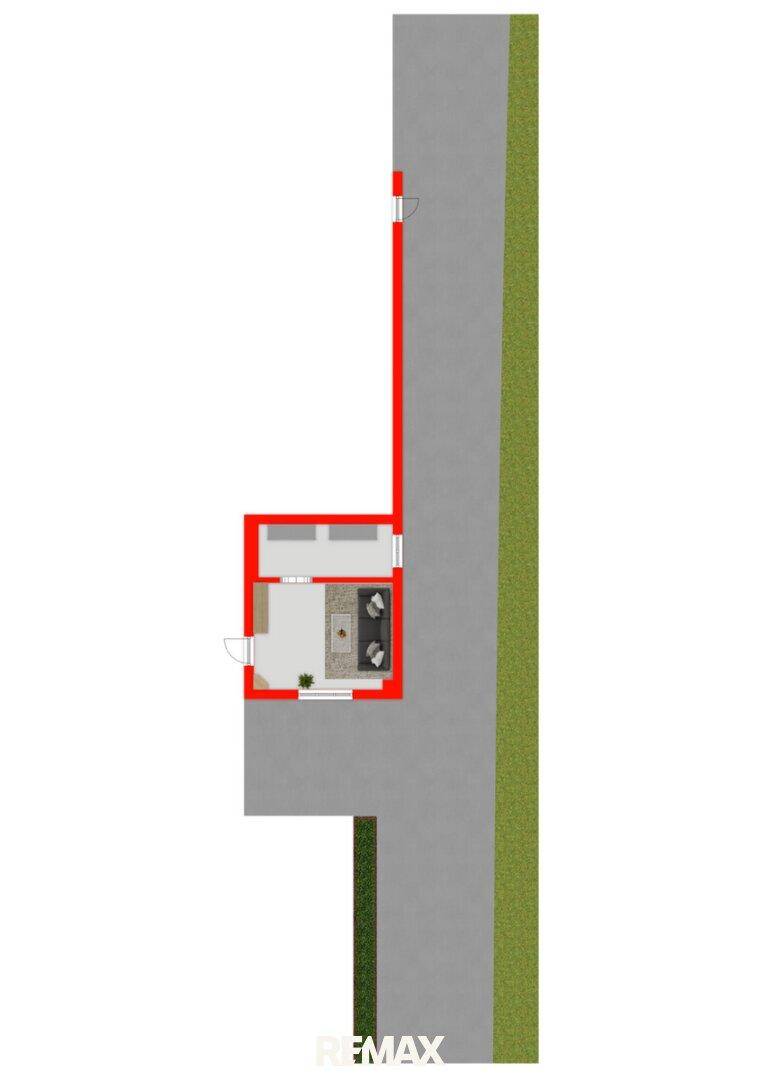 Grundrissplan eines einzelnen Raumes, möbliert mit Sofa und Tisch, mit Zugang zum Außenbereich.