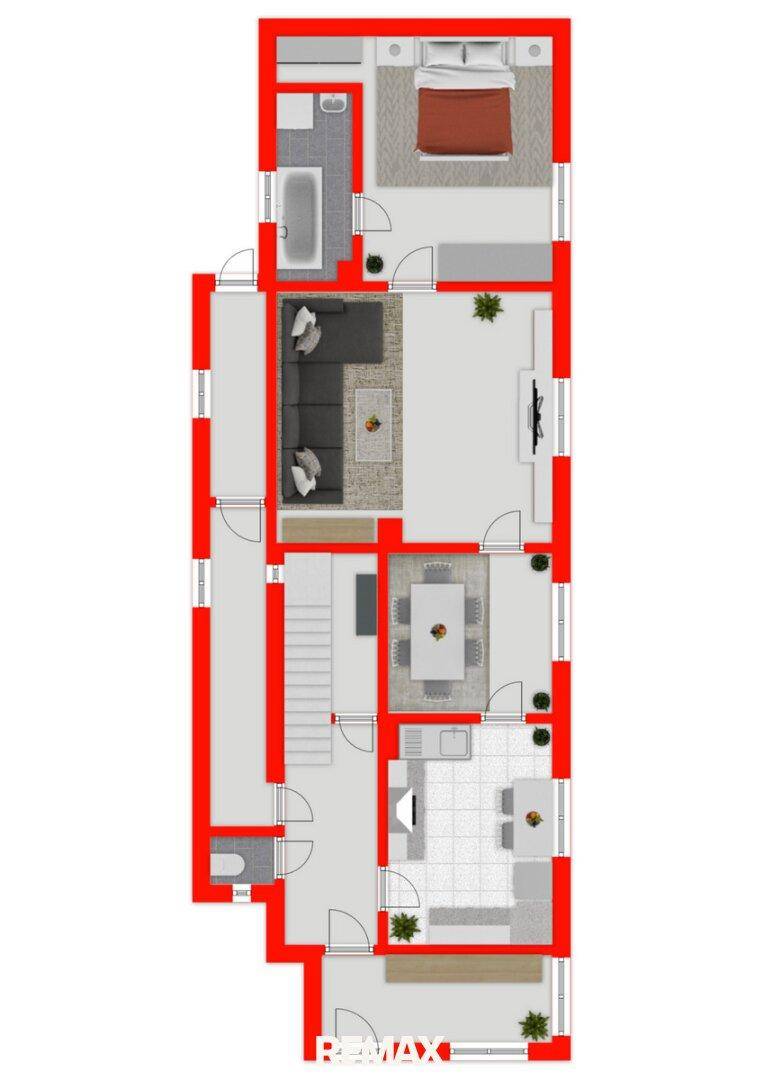 Detaillierter Grundriss einer Etage mit Küche, Essbereich, Wohnzimmer, Schlafzimmer und Badezimmer.