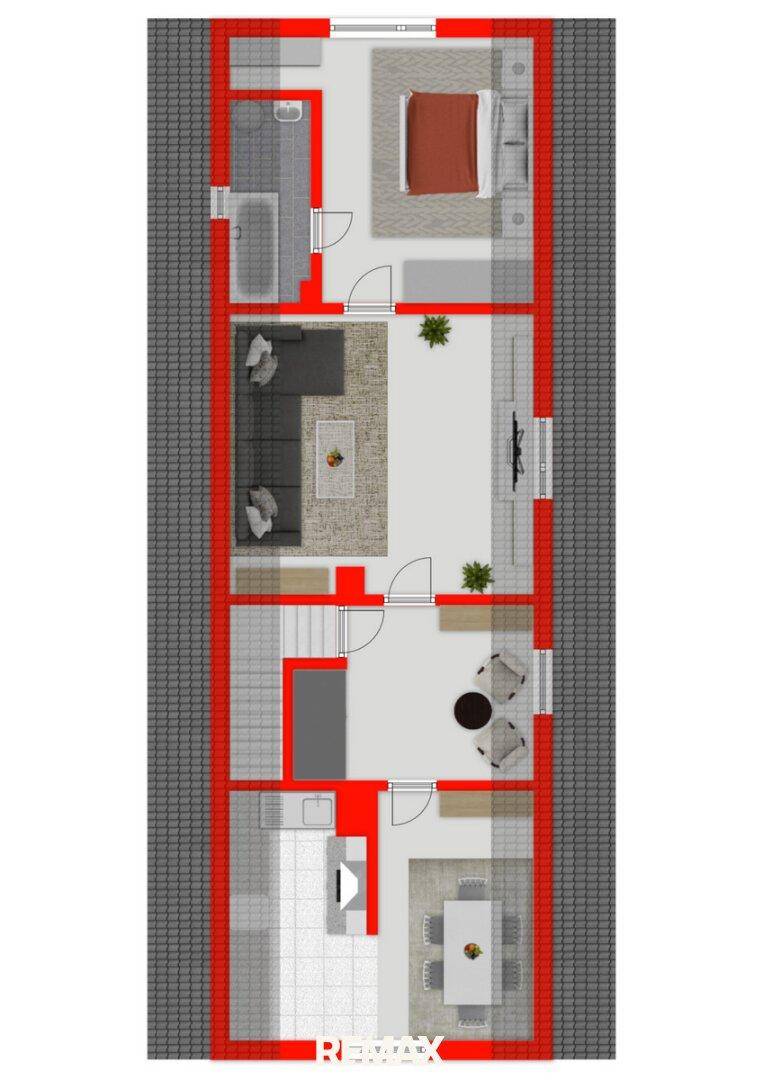 Grundriss einer Etage mit Küche, Wohn- und Essbereich, Schlafzimmer und Badezimmer unter einem Dach.