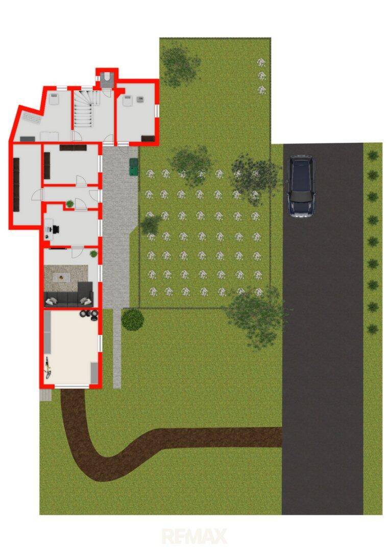 Grundriss des Erdgeschosses mit Gartenbereich und Zufahrt.