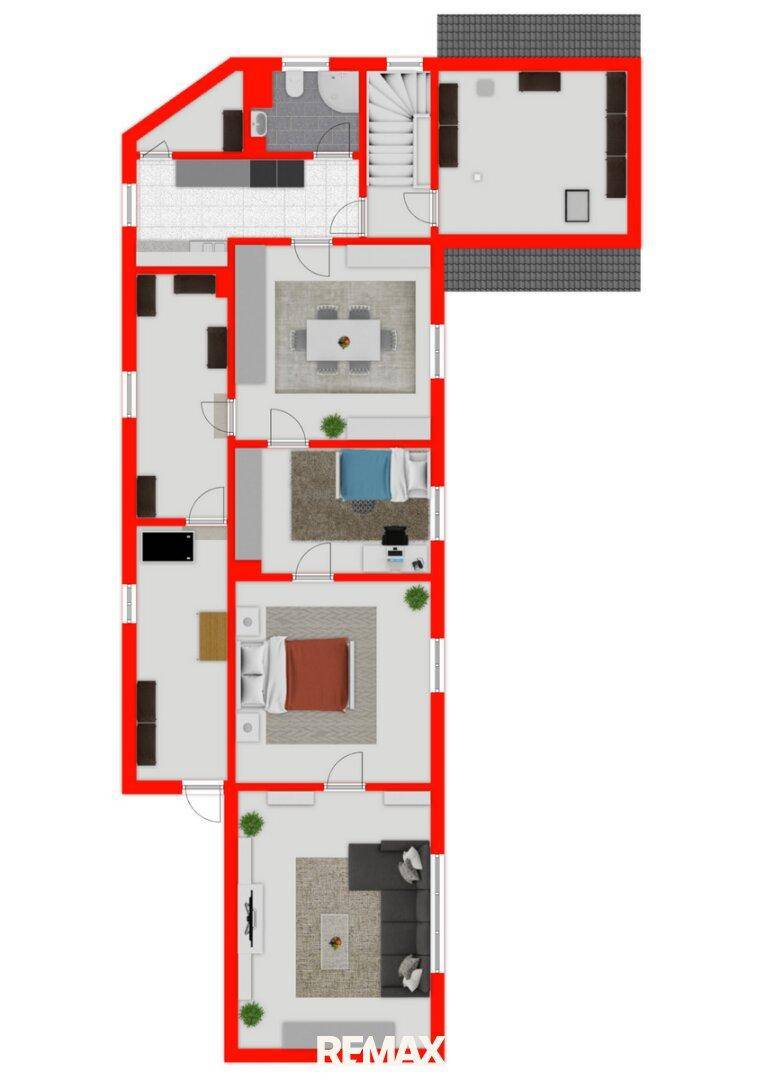 Vollständiger Grundriss des Hauses mit verschiedenen Räumen und Möblierung.