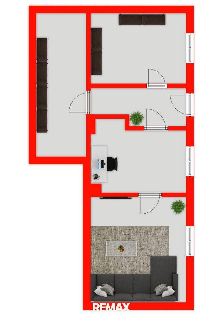 Grundriss eines Obergeschosses mit mehreren Zimmern und Fenstern.