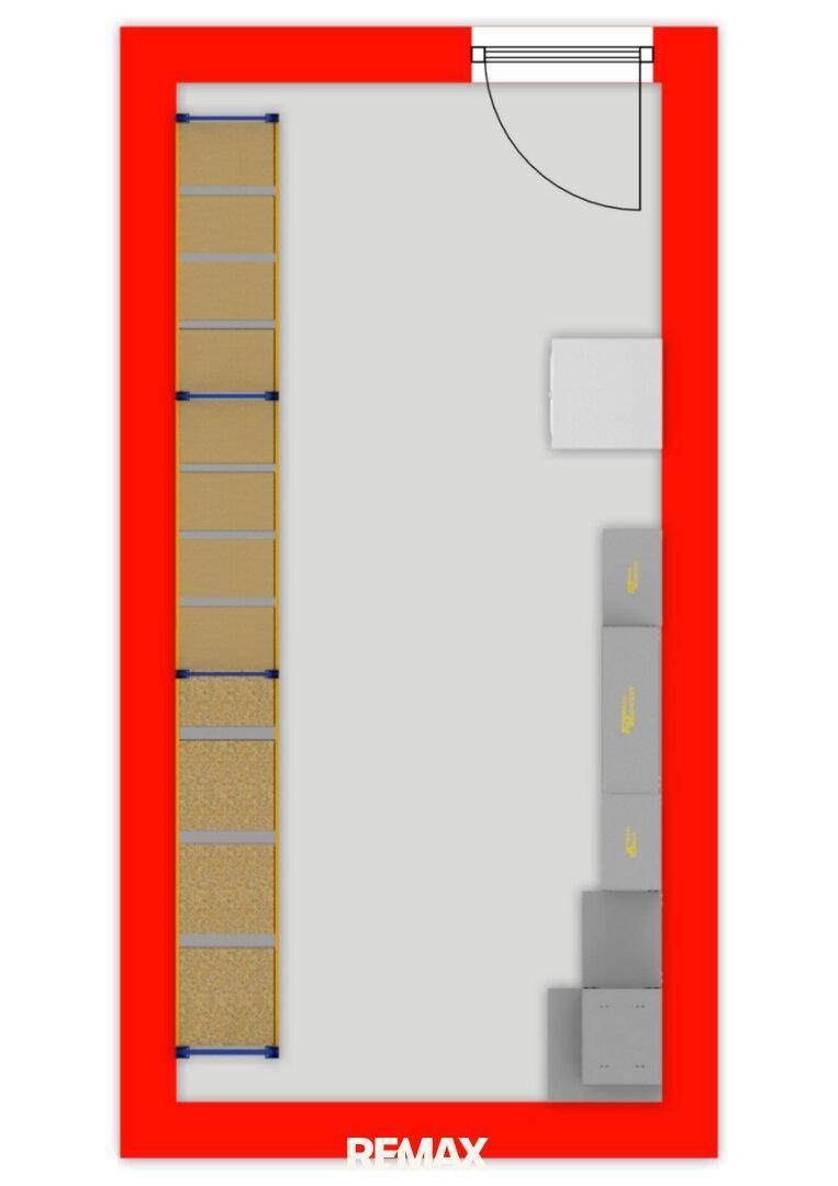 Grundriss eines Lagerraums oder begehbaren Kleiderschranks mit Regalen.