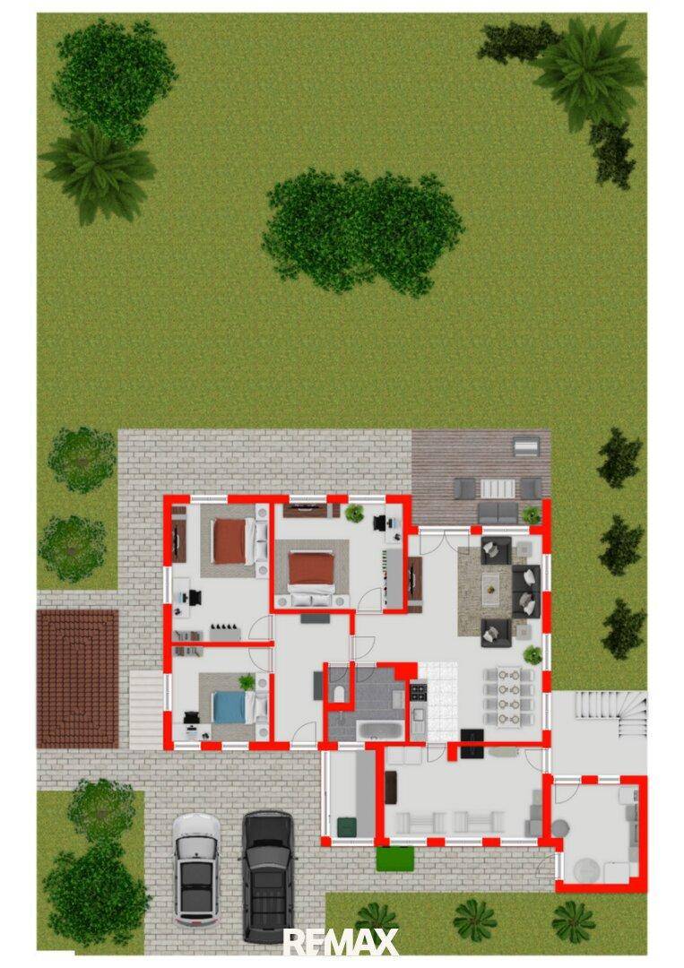 Detaillierter Grundriss des Erdgeschosses mit Möblierung und Gartenbereich.