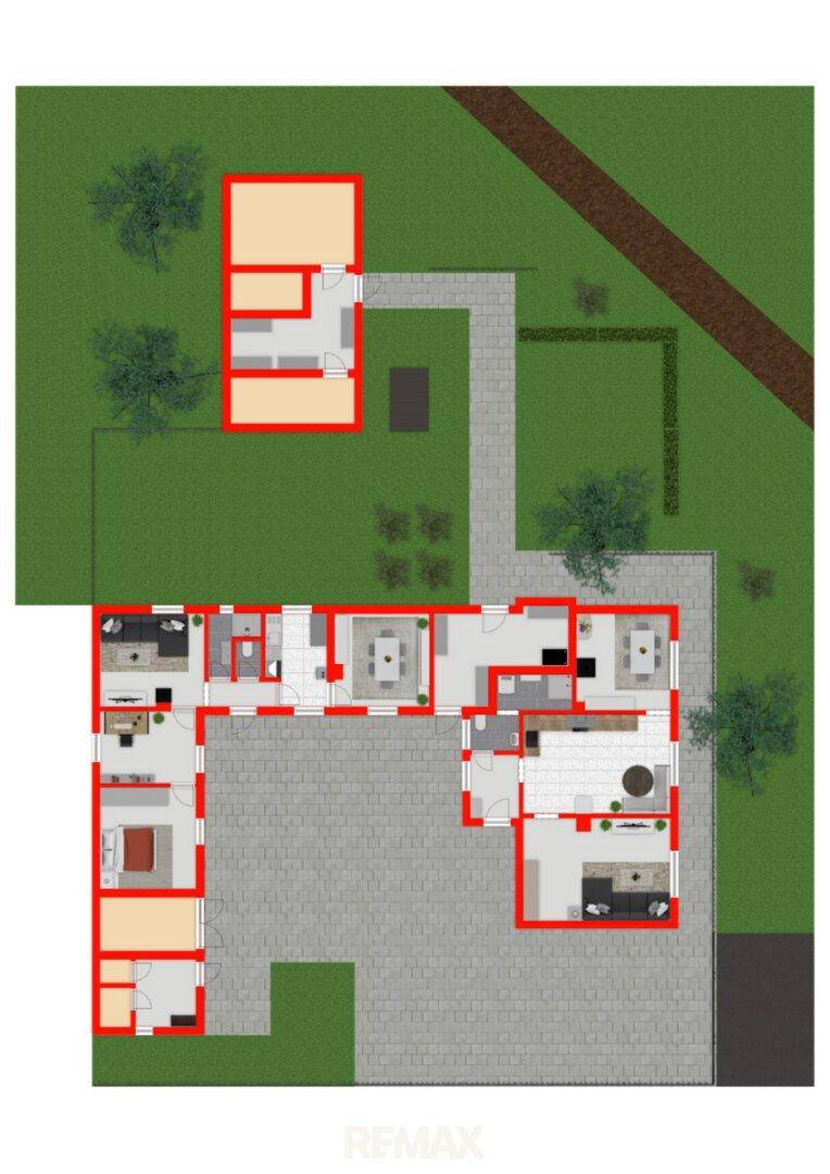 Grundriss des Anwesens mit Hauptgebäude und Nebengebäude, umgeben von Grünflächen.