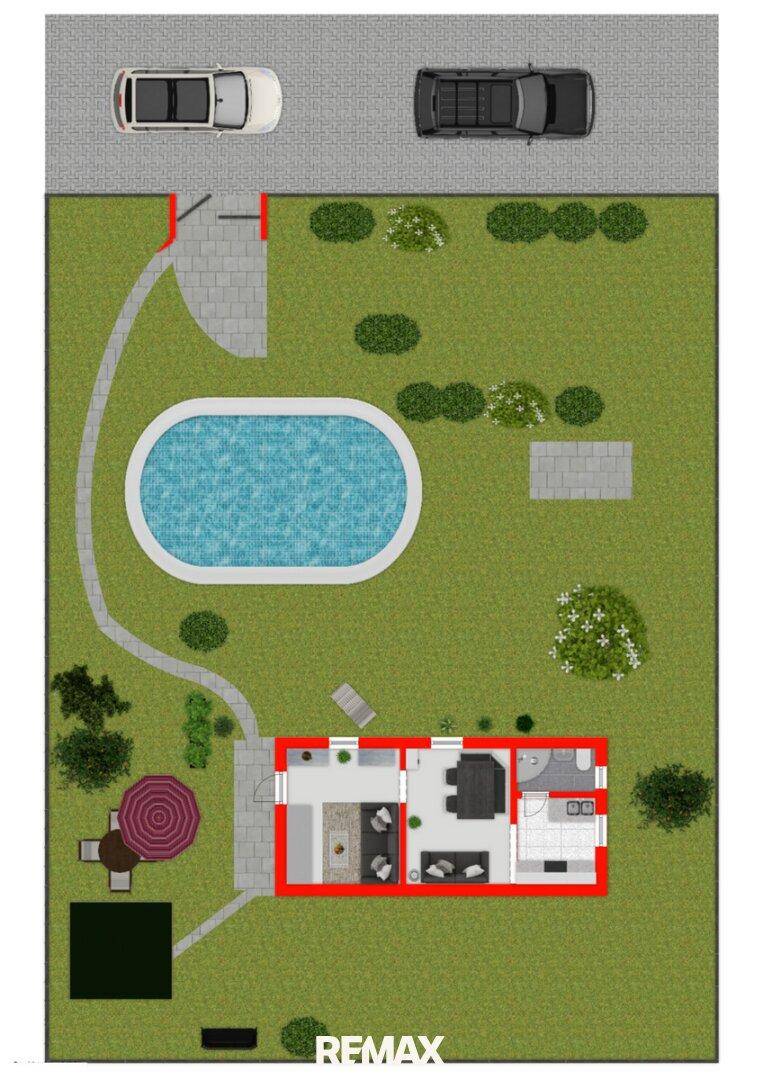 Gesamtgrundriss des Anwesens mit Haus, Pool und Parkplätzen.