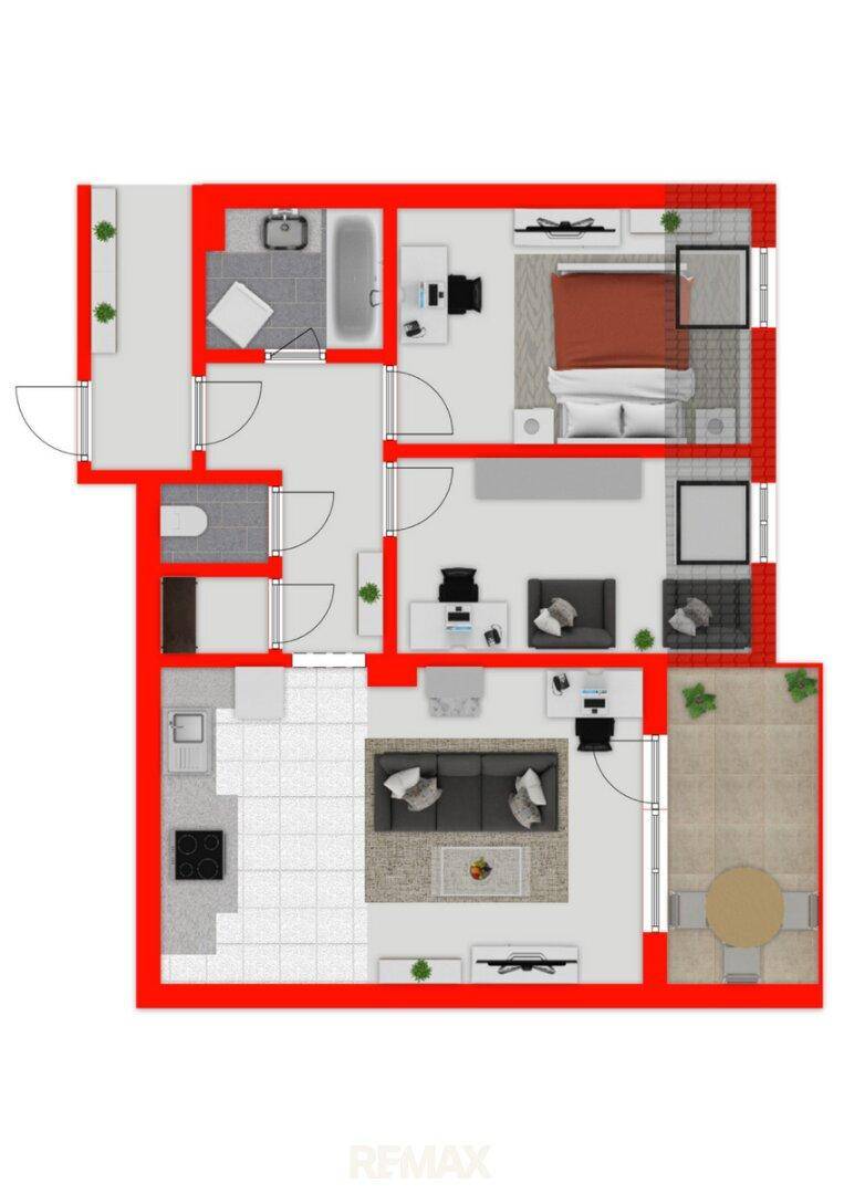 Grundriss der Wohnung mit offenem Wohnbereich, Küche, zwei Schlafzimmern und Balkon.