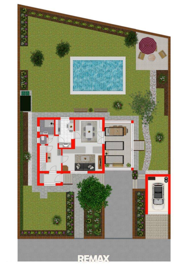 Gesamtgrundriss des Anwesens mit Haus, Garten, Pool und einem Stellplatz für ein Fahrzeug.
