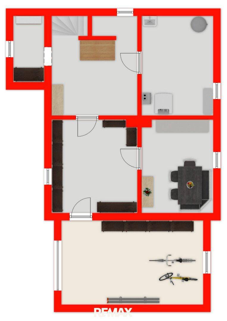Grundriss der oberen Etage mit Wohnbereich, Küche, Bad und Treppenaufgang.