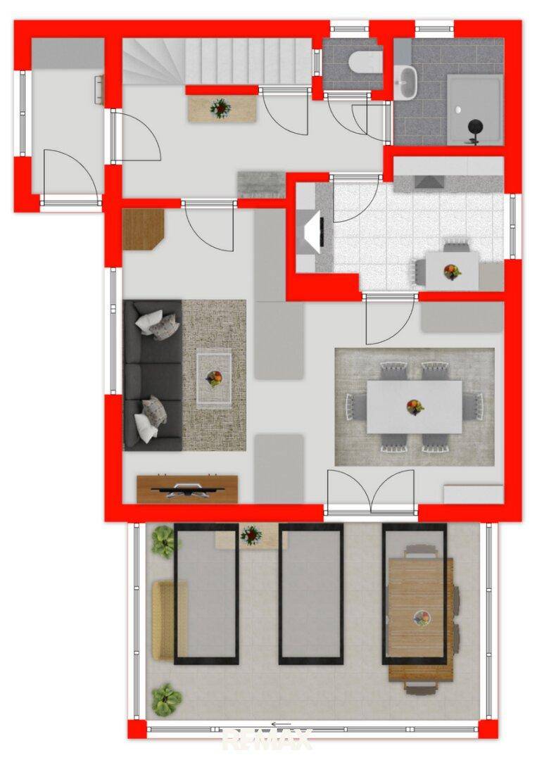 Grundriss des Erdgeschosses mit Wohnzimmer, Essbereich, Küche und Zugang zu einer Terrasse.