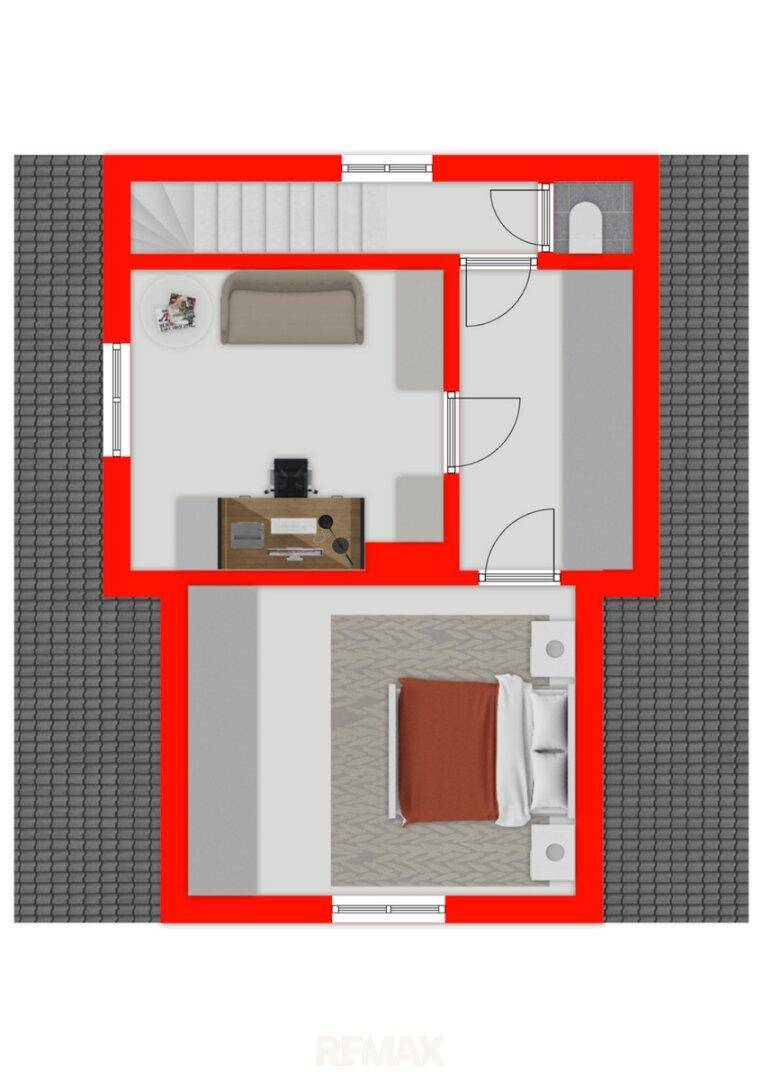 Grundriss des Dachgeschosses mit Schlafzimmer, Arbeitsbereich und einem kleinen Badezimmer.