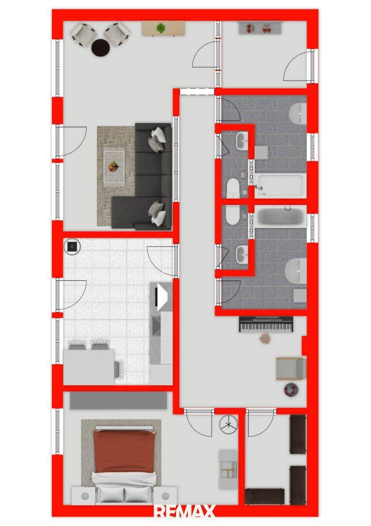 Grundriss einer Wohneinheit mit Schlafzimmer, Wohnbereich und mehreren Bädern.