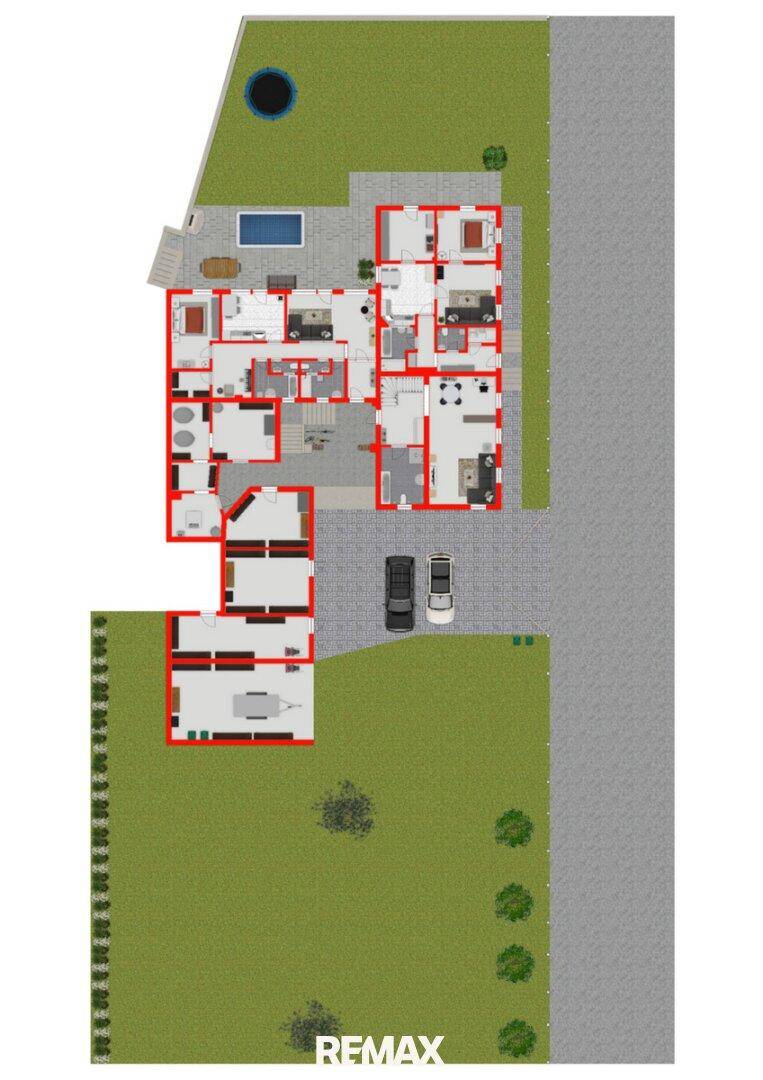 Detaillierter Grundriss des gesamten Anwesens mit mehreren Wohneinheiten und Außenbereichen.