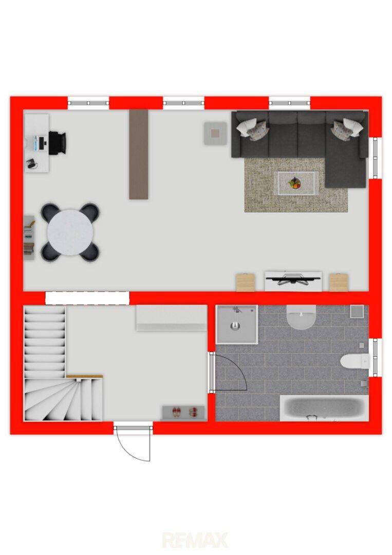 Grundriss des Erdgeschosses mit offenem Wohn- und Essbereich, Büro und einem Badezimmer mit Badewanne.
