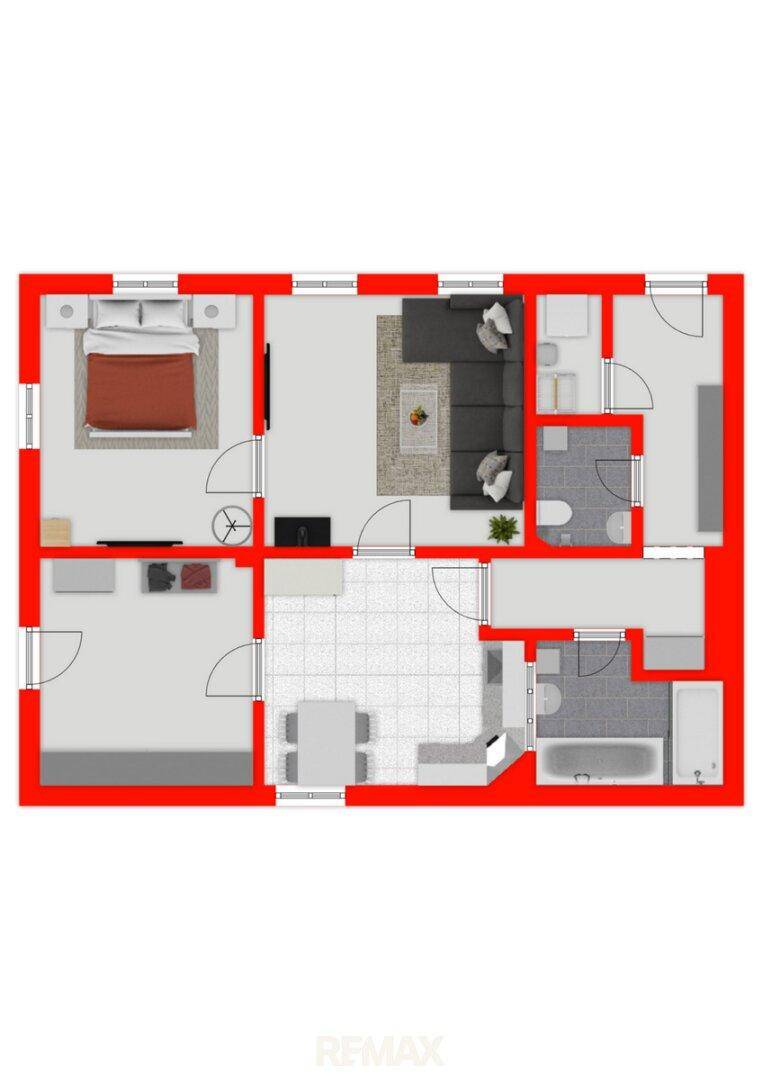Grundriss mit Schlafzimmer, Wohnbereich, Essbereich und zwei Bädern, eines davon mit Badewanne.