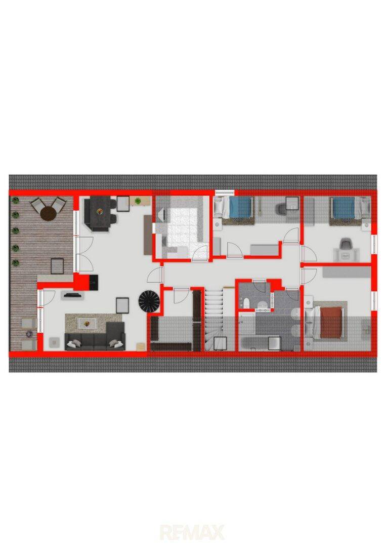 Detaillierter Grundriss mit mehreren Schlafzimmern, Bädern, Wohnbereich und einer großen Terrasse.