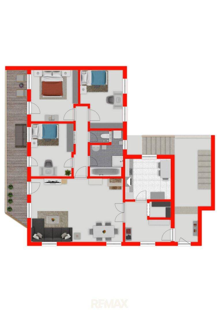 Grundriss mit mehreren Schlafzimmern, Bädern, Wohnbereich, Essbereich und einer großen Terrasse.
