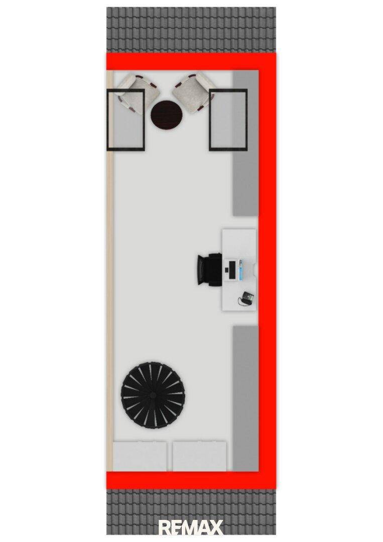 Grundriss eines schmalen Raumes, eingerichtet als Büro oder Arbeitszimmer mit Dachschrägenandeutung.
