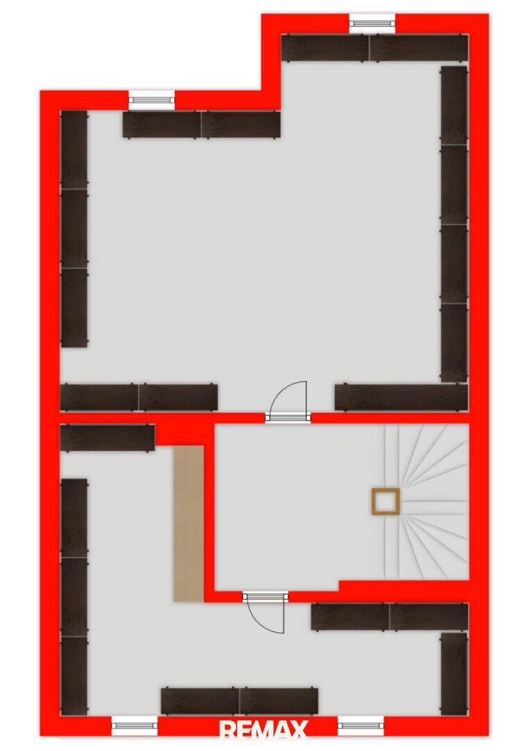 Grundrissplan einer Etage mit mehreren Räumen, Fenstern und einer Wendeltreppe.