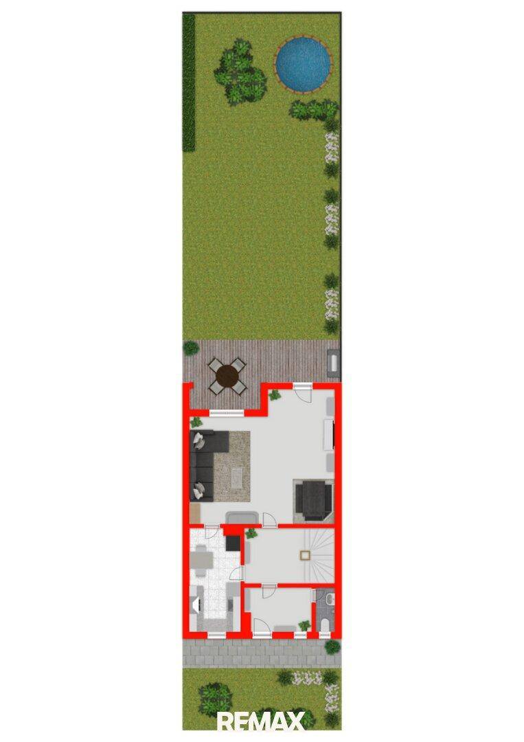 Grundriss des Erdgeschosses mit Wohnbereich, Küche, Bad und Zugang zum Garten mit Pool.