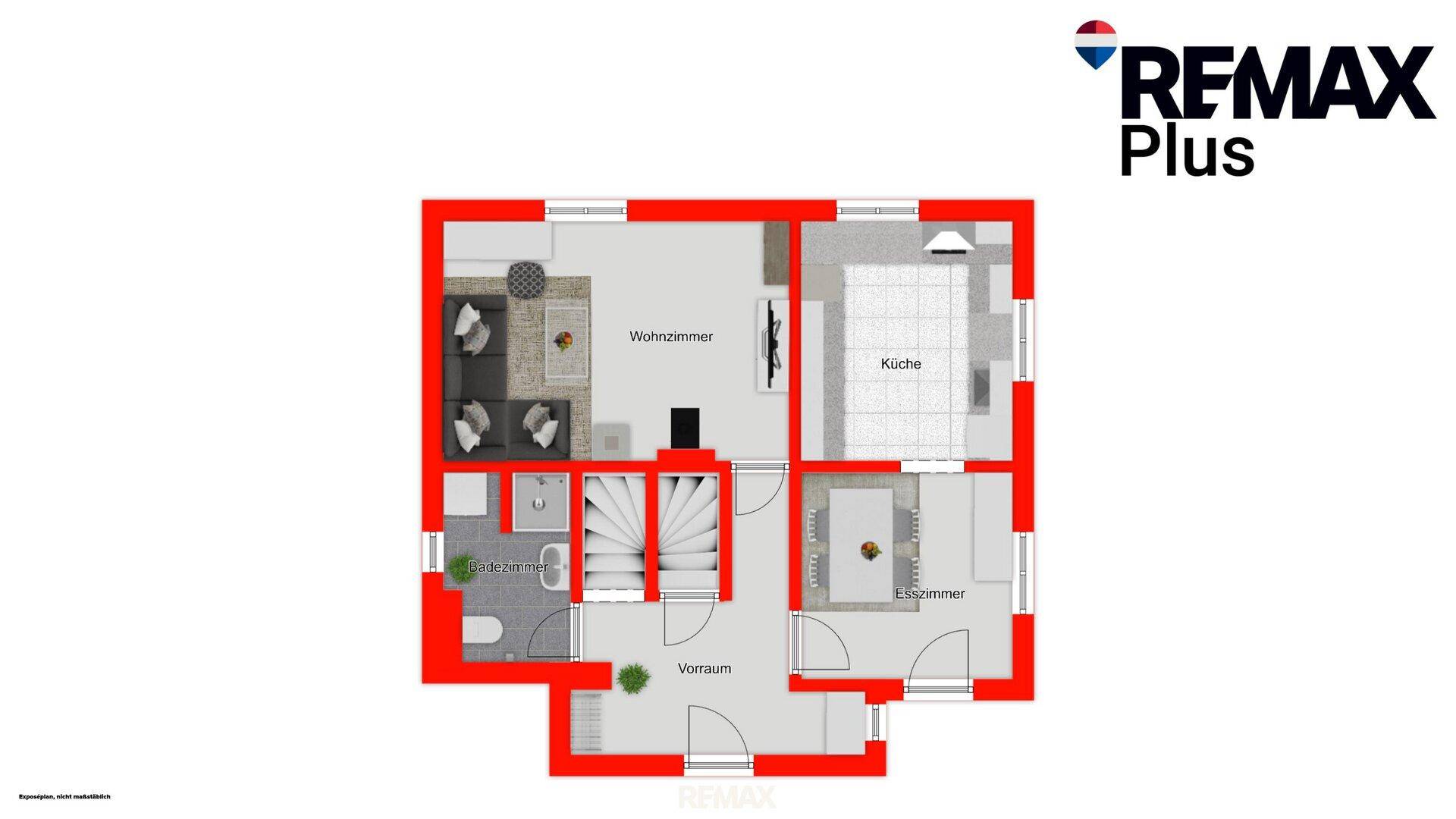 Grundriss des Erdgeschosses mit Wohnzimmer, Küche, Esszimmer und Vorraum.