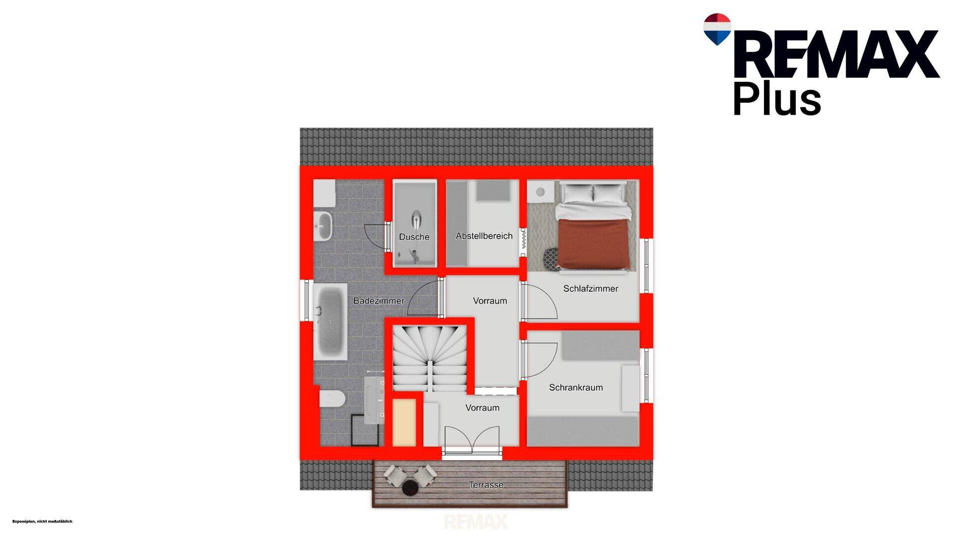 Grundriss des Obergeschosses mit Schlafzimmer, Badezimmer, Abstellbereich und Terrasse.
