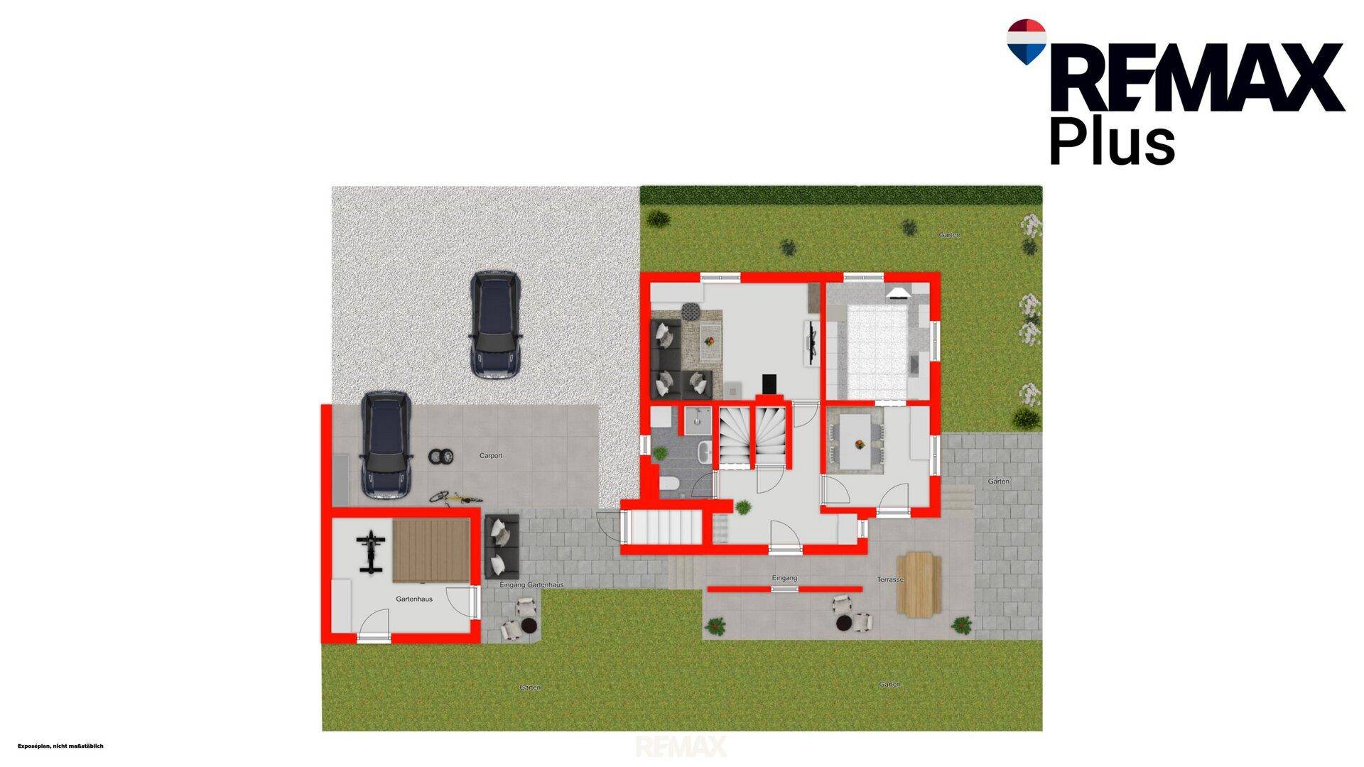 Gesamtübersicht des Grundstücks mit Hausgrundriss, Garage, Stellplätzen und Gartenbereich.