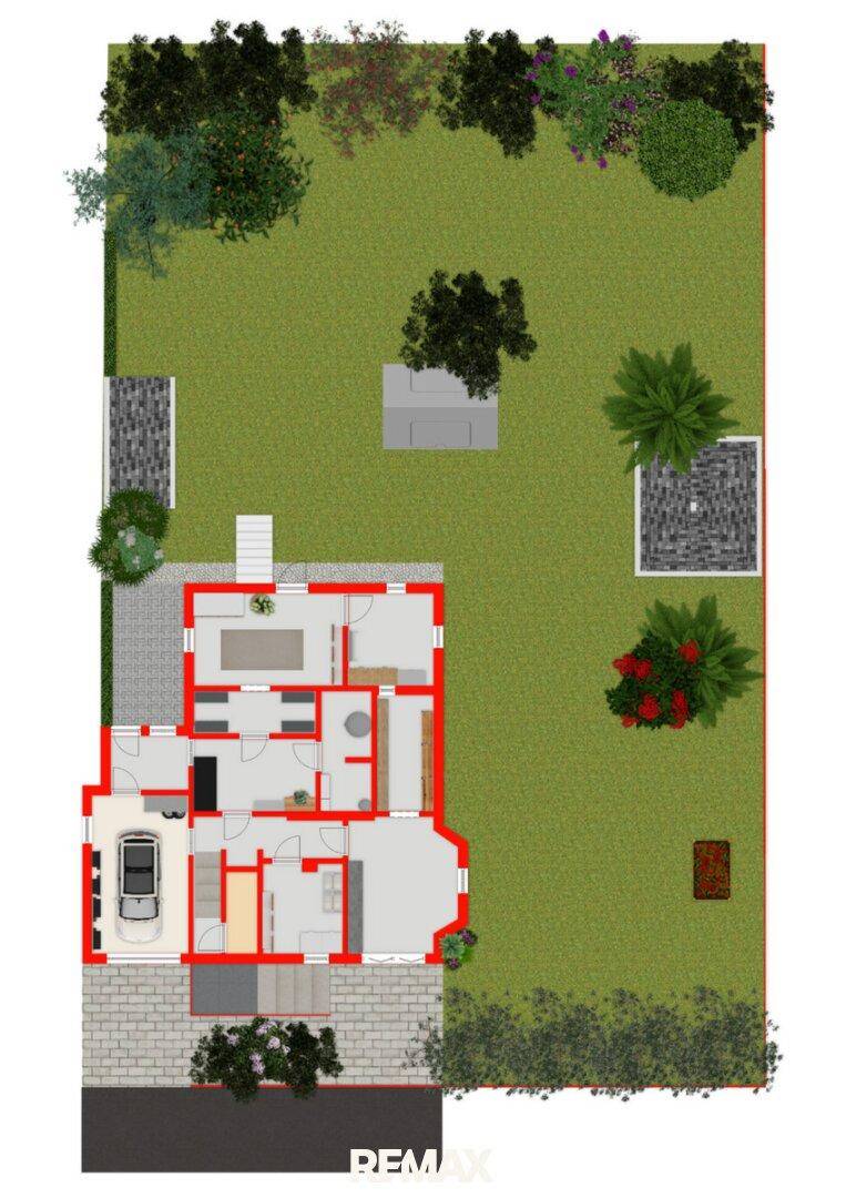 Grundriss des Erdgeschosses mit Garage, Wohnbereichen und Gartenanlage.
