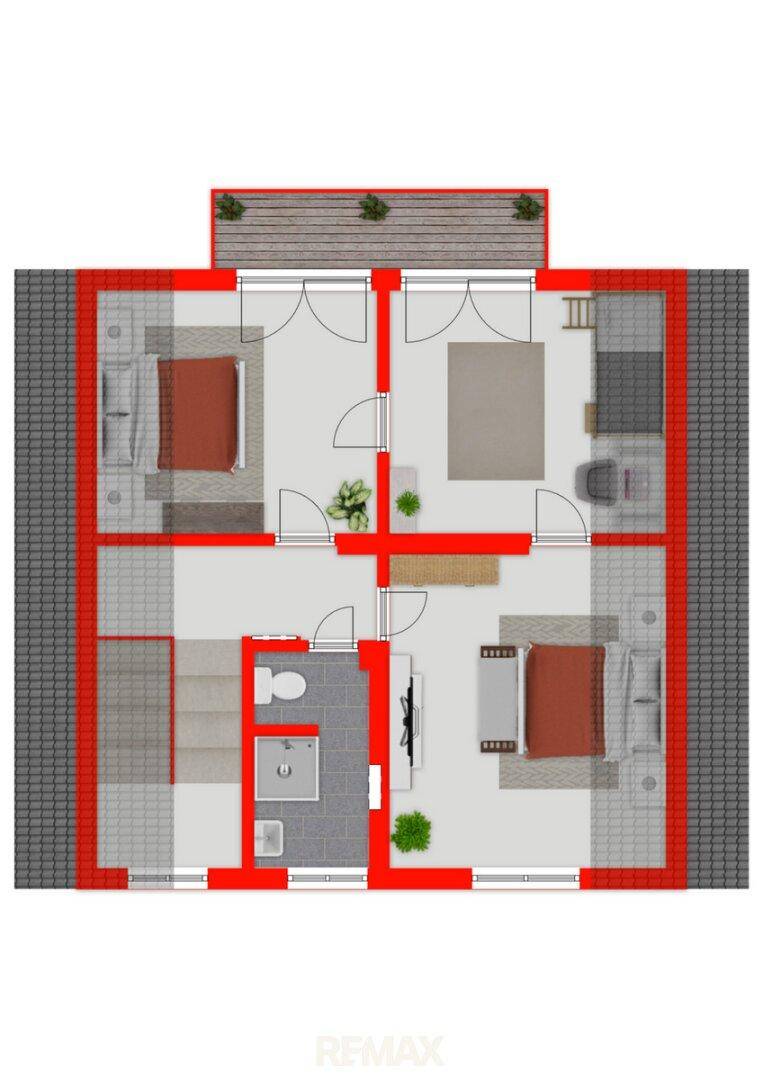 Grundriss des Dachgeschosses mit Schlafzimmern und einem Badezimmer.