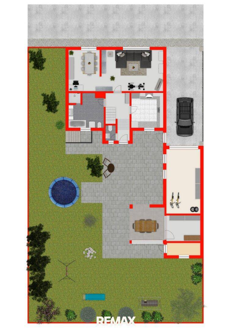 Grundriss des Erdgeschosses mit Wohnbereich, Küche, Terrasse und Garten mit Pool.