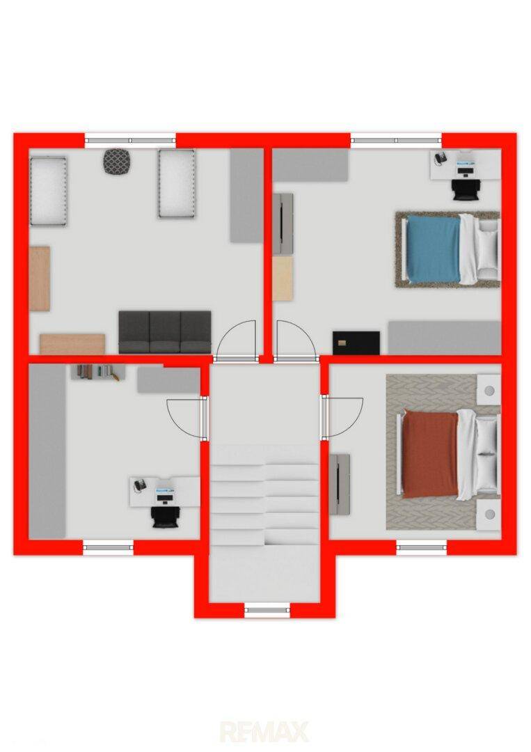 Grundriss des Obergeschosses mit drei Schlafzimmern und einem Badezimmer.