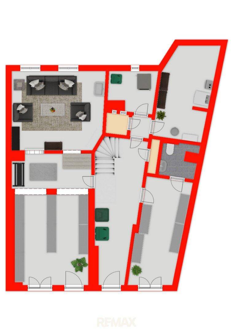 Detaillierter Grundriss einer Etage mit Wohnbereich, Schlafzimmer und Badezimmer.