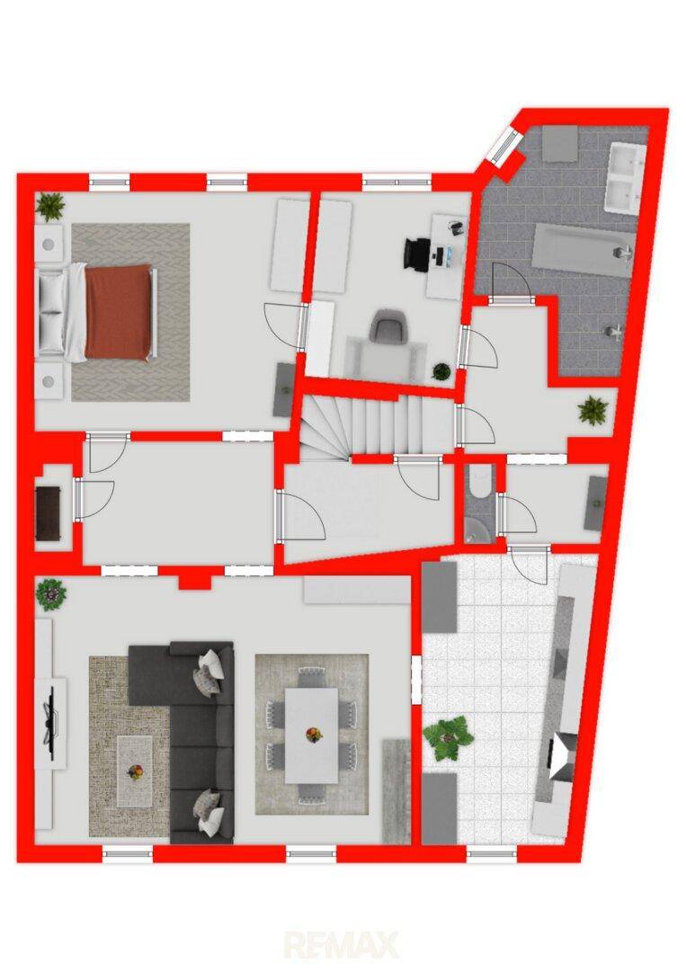 Grundriss einer weiteren Etage mit Schlafzimmer, Wohn-Essbereich und Küche.