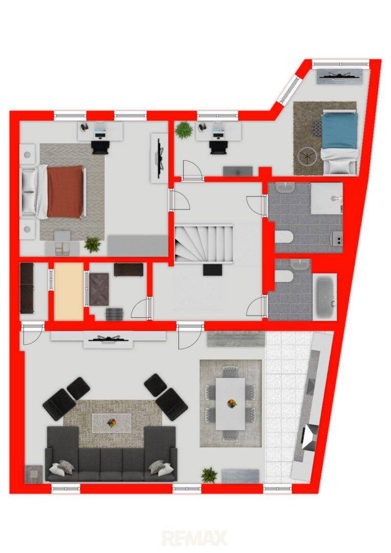 Grundriss einer Etage mit mehreren Schlafzimmern, Wohnbereich und zwei Bädern.