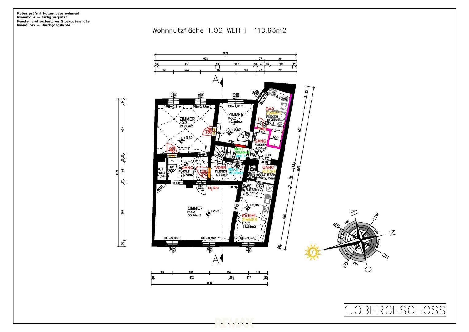 Technischer Grundriss des 1. Obergeschosses mit Wohnnutzfläche und Raumaufteilung.