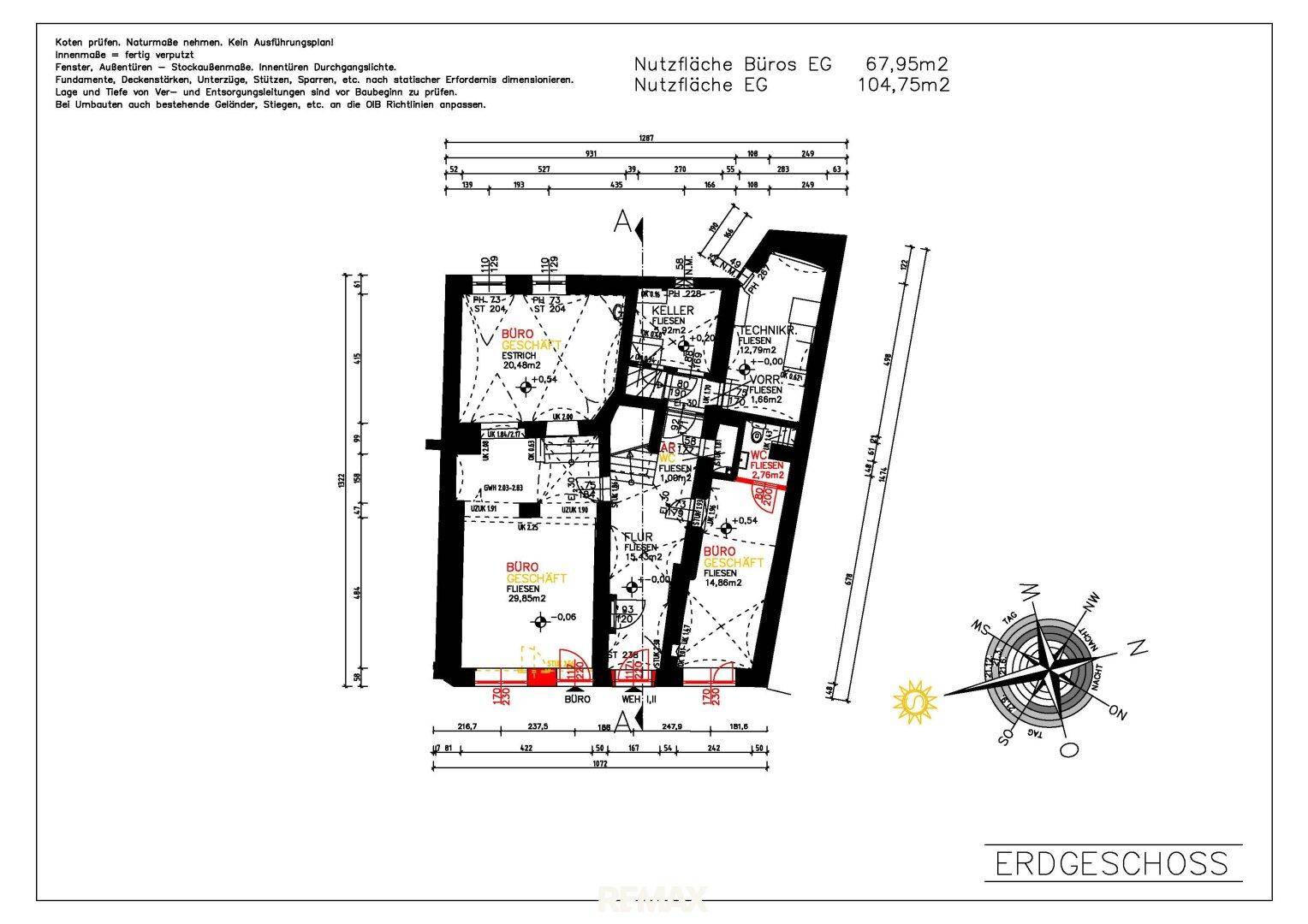 Technischer Grundriss des Erdgeschosses mit Nutzflächenangaben und Nordpfeil.
