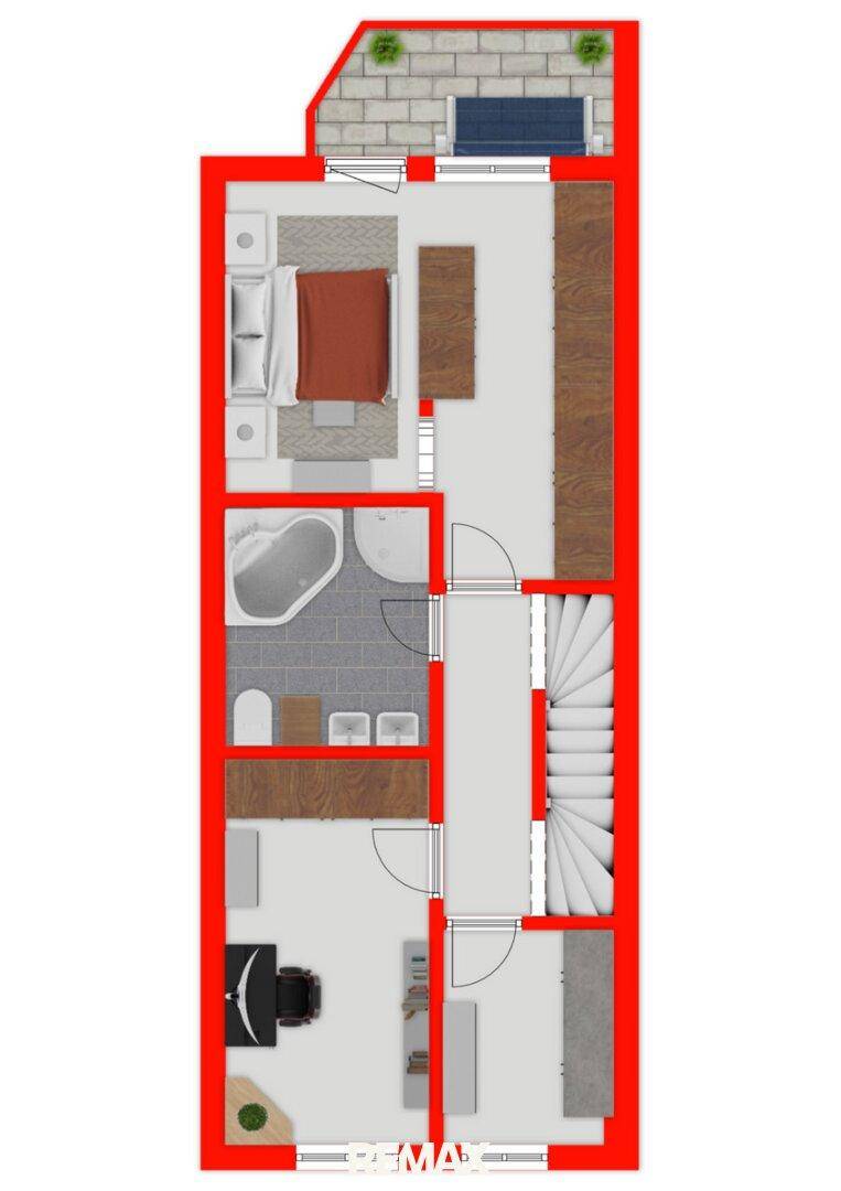 Farbiger Grundriss des Obergeschosses mit Schlafzimmer, Bad, Büro und kleinem Balkon.