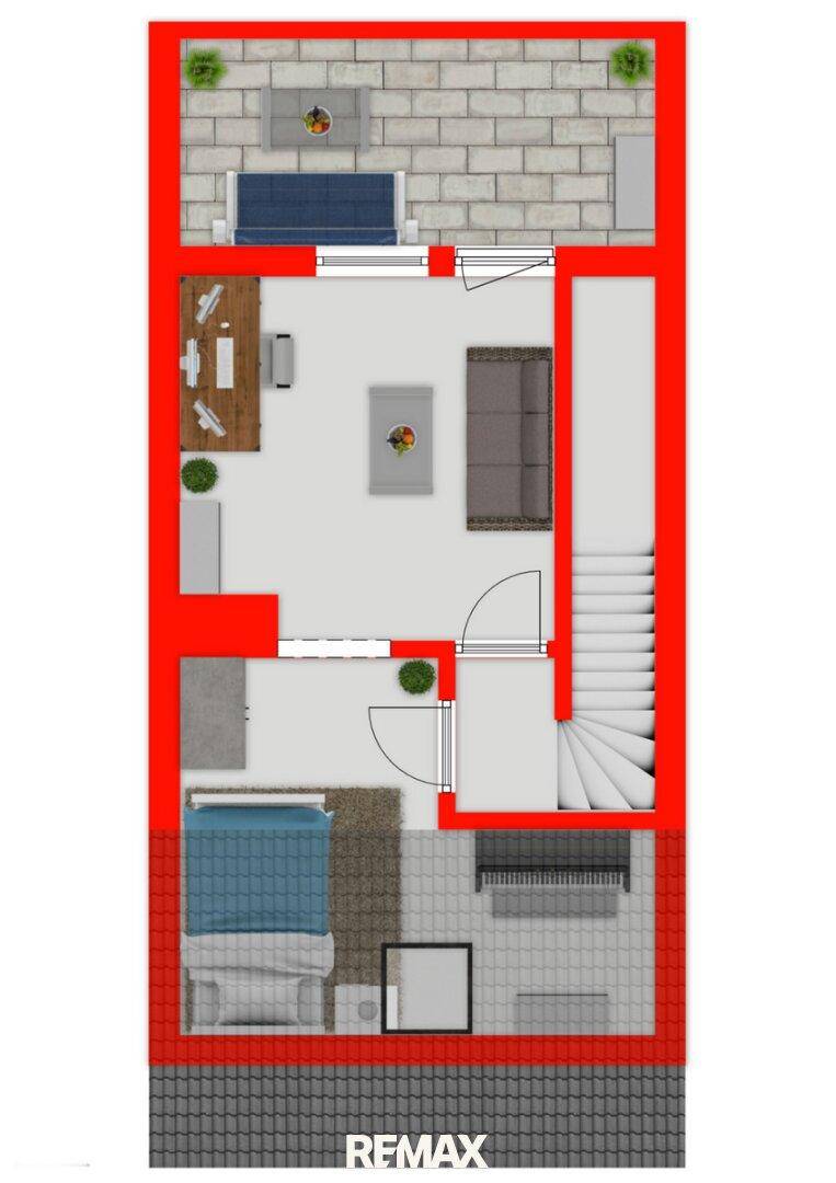 Farbiger Grundriss des Dachgeschosses mit Schlafzimmer, Wohnbereich und großer Dachterrasse.