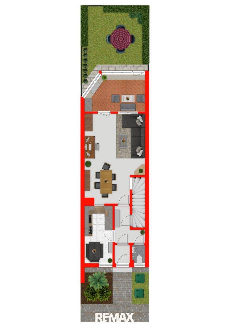 Farbiger Grundriss des Erdgeschosses mit offener Küche, Wohnbereich und Garten.