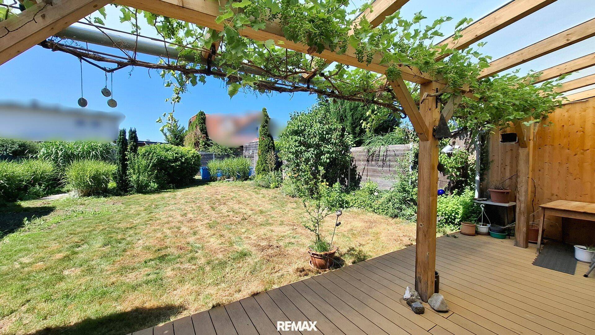 Großer, sonniger Garten mit Rasenfläche und üppiger Bepflanzung unter blauem Himmel.