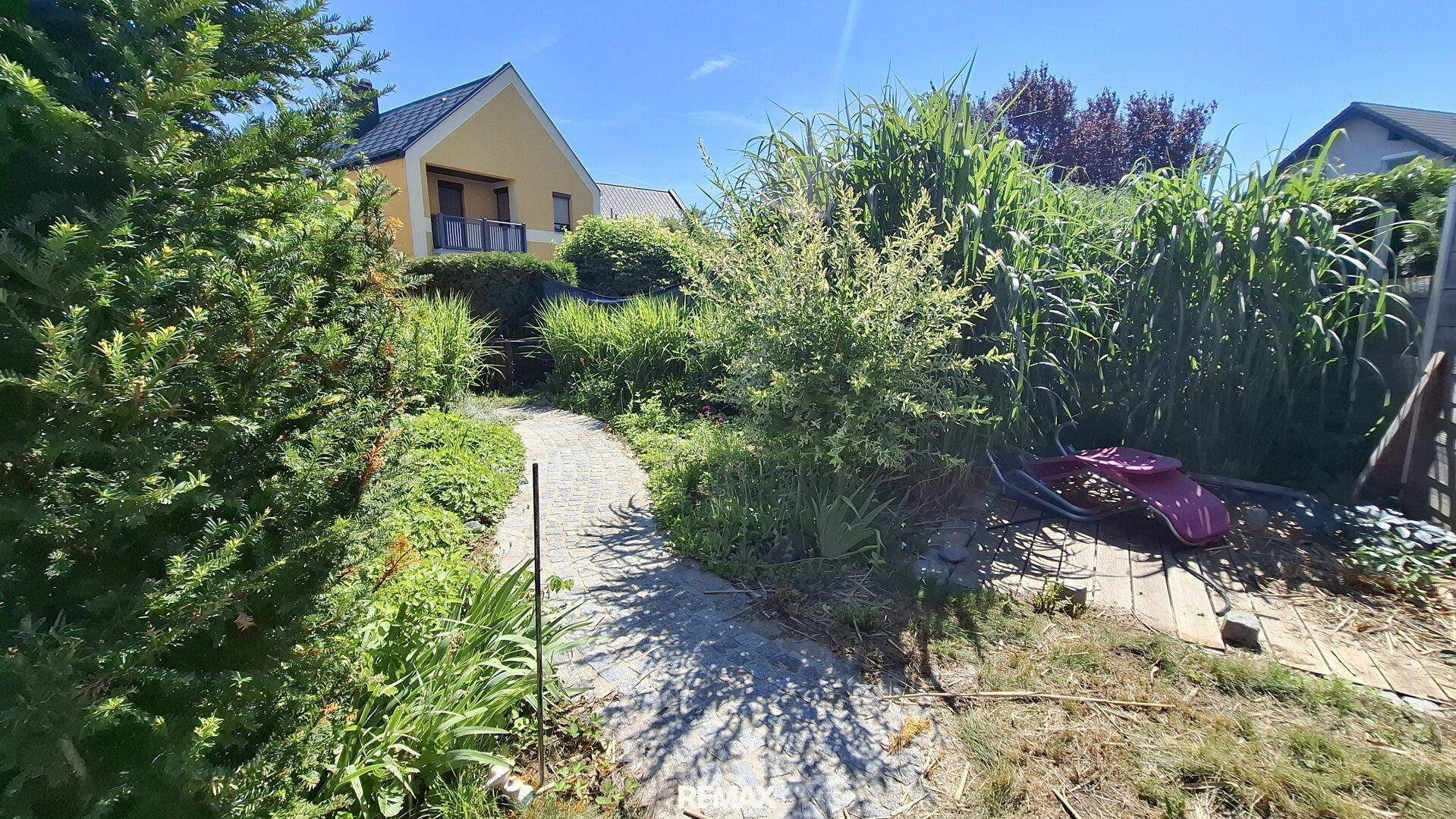 Naturbelassener Gartenbereich mit Steinweg und üppiger Vegetation.