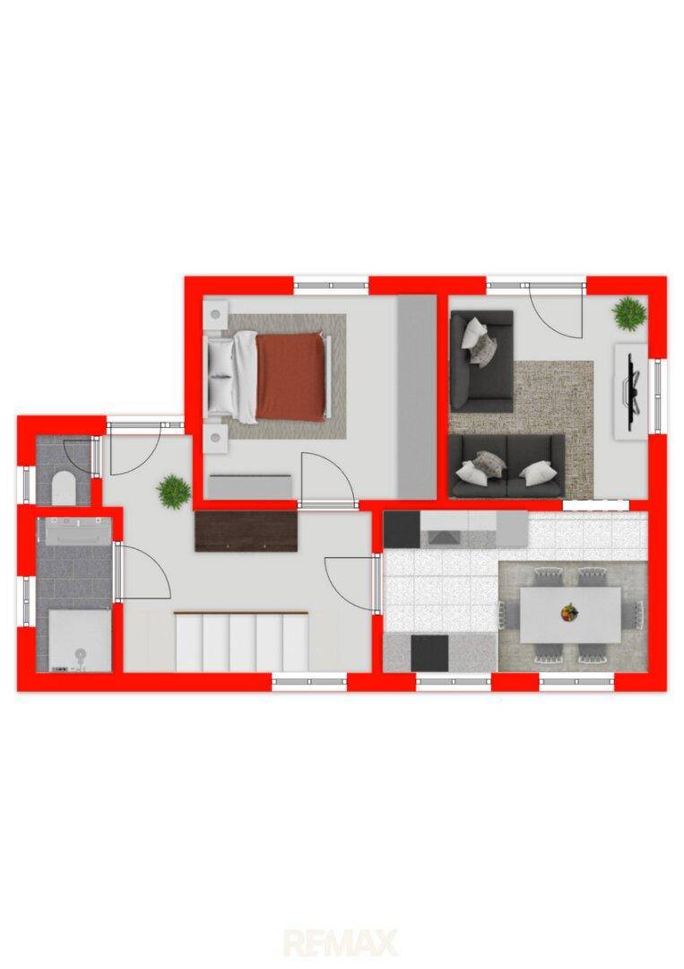 Detaillierter Grundriss einer Wohnung mit offenem Wohn-, Ess- und Kochbereich sowie separatem Schlafzimmer und Badezimmer.