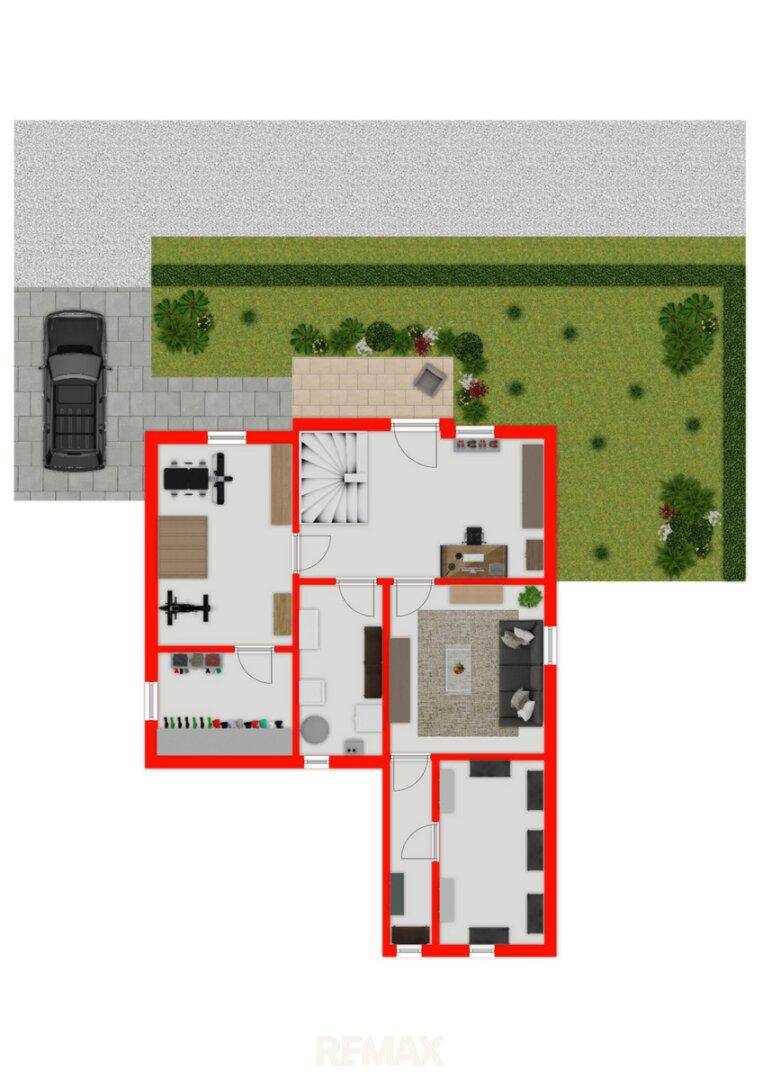 Grundriss des Erdgeschosses mit offenem Wohnbereich, Terrasse und Stellplatz.
