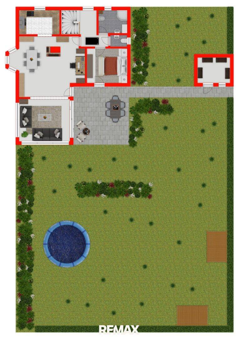 Grundriss des Obergeschosses mit Schlafzimmern, zwei Bädern, Garten und Pool.