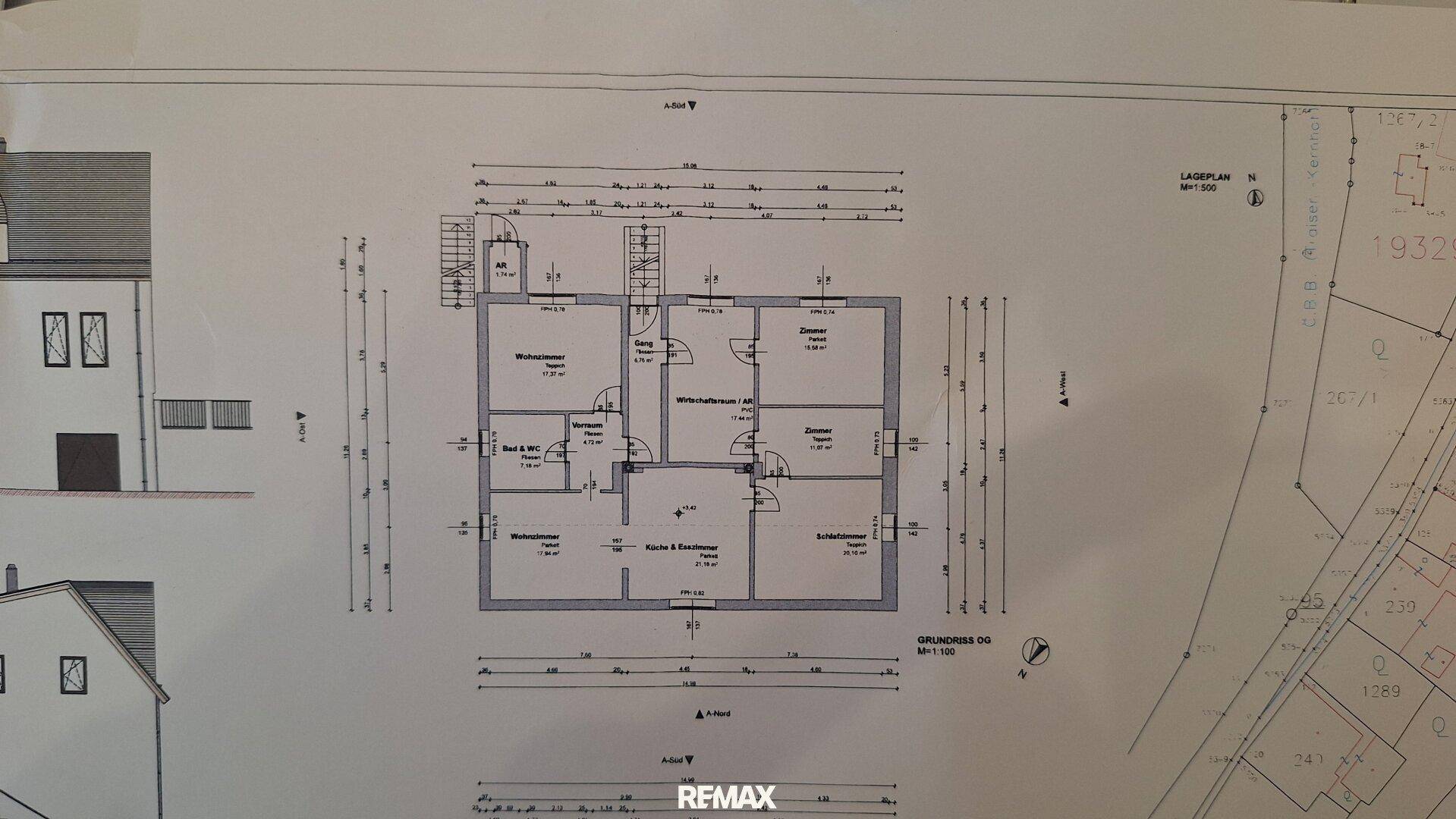 Grundriss des Dachgeschosses mit Schlafzimmern, Wohnzimmer, Bad und einem Wirtschaftsraum.