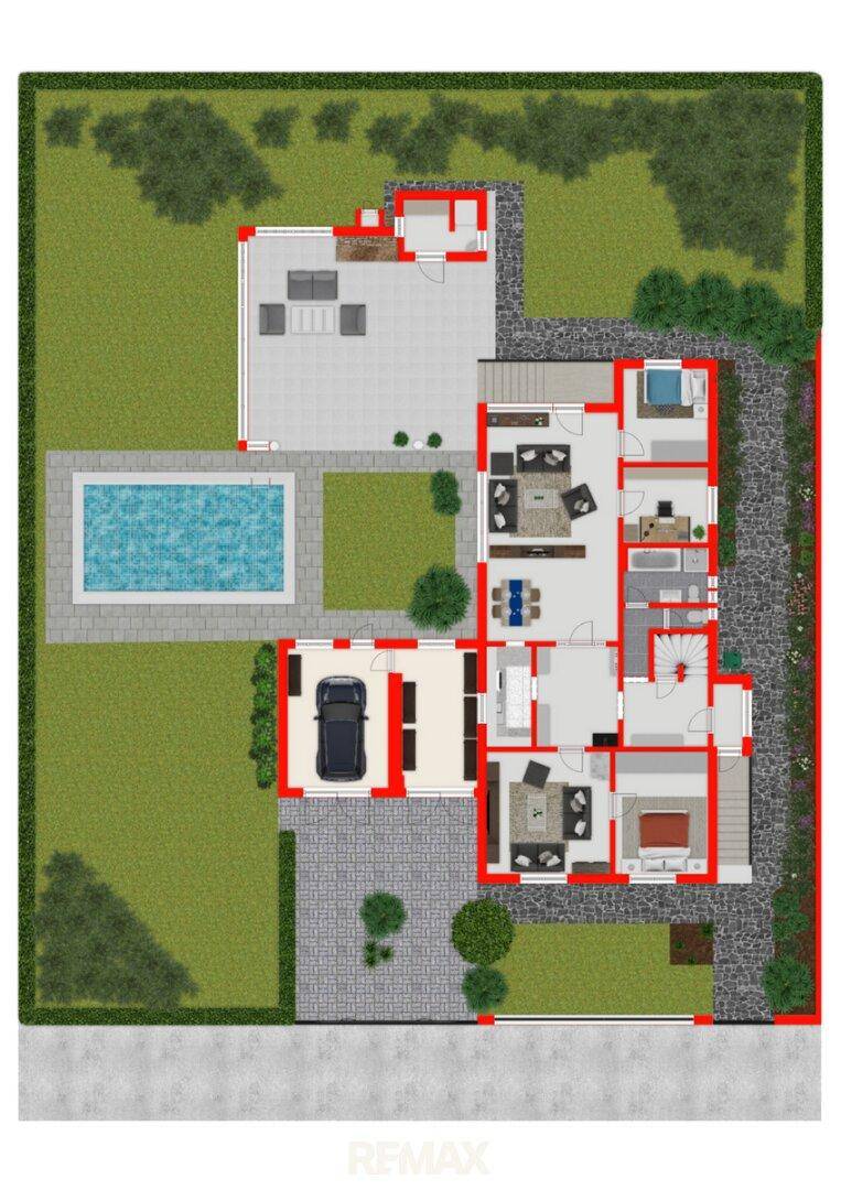 Detaillierter Grundriss des Erdgeschosses mit Garten, Pool und Garage.