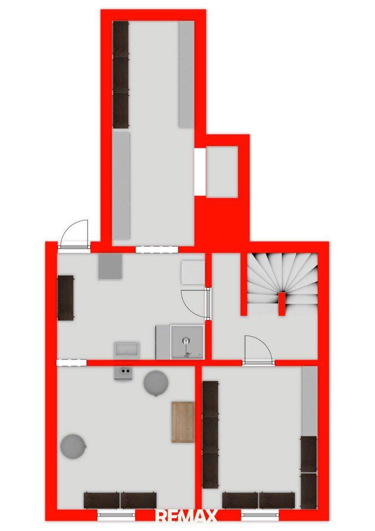 Grundriss des Obergeschosses mit Treppe, Bad und mehreren Räumen.